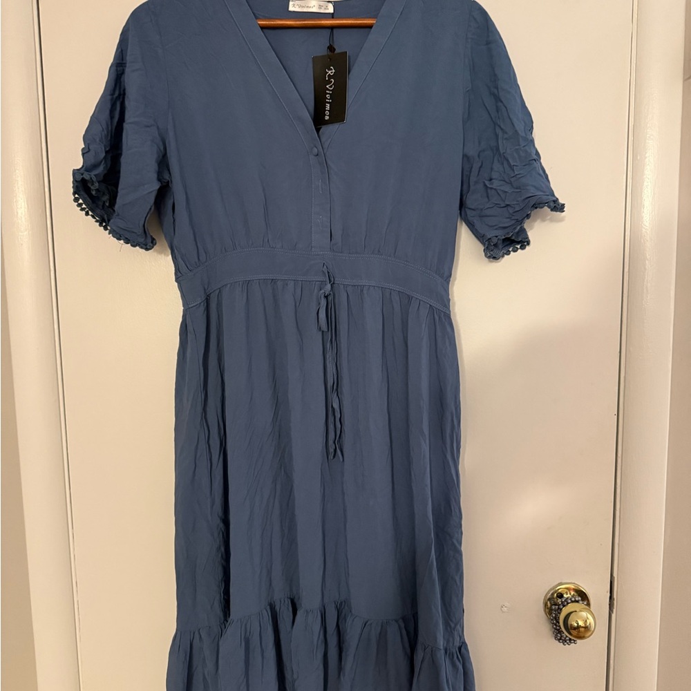 Pink Clove Blue Midi Dress with V-Neck